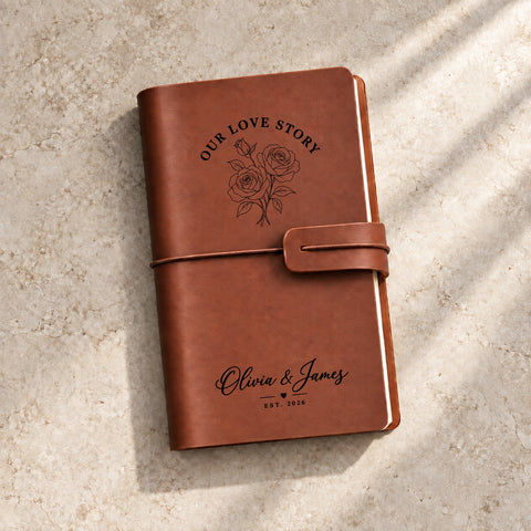 Love Stories engraving design 01 featuring a leafy wreath, Love lettering, names and a date.
