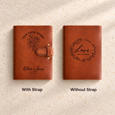 1. Personalised thick leather anniversary journal engraved with a circular Love design, names, a date and a small heart.