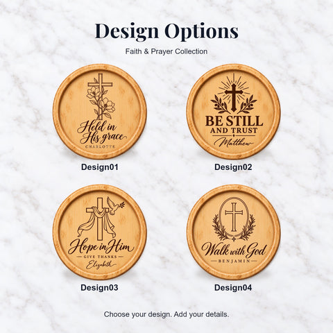 Four Faith & Prayer wooden coaster designs with floral, radiant, dove and oval cross artwork.