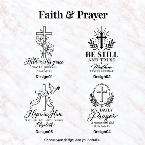 Four Faith & Prayer engraving designs featuring crosses, flowers, olive branches and a dove.