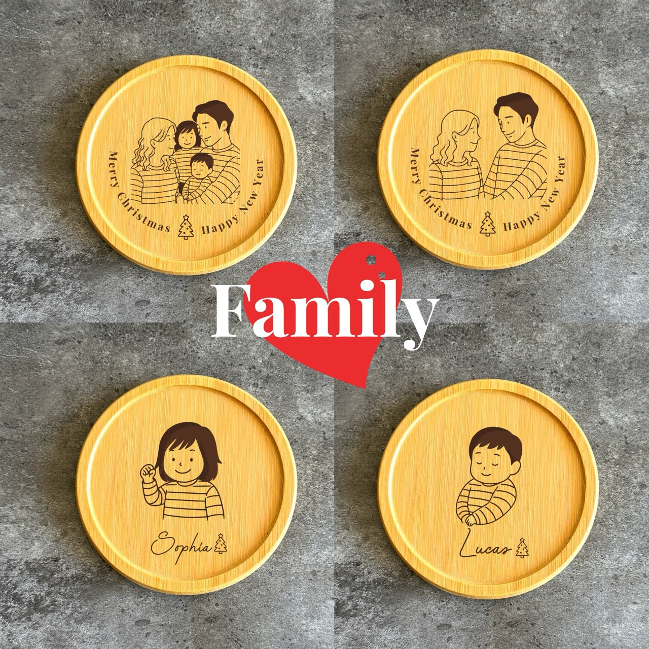engraved wood family coasters as thoughtful housewarming gift