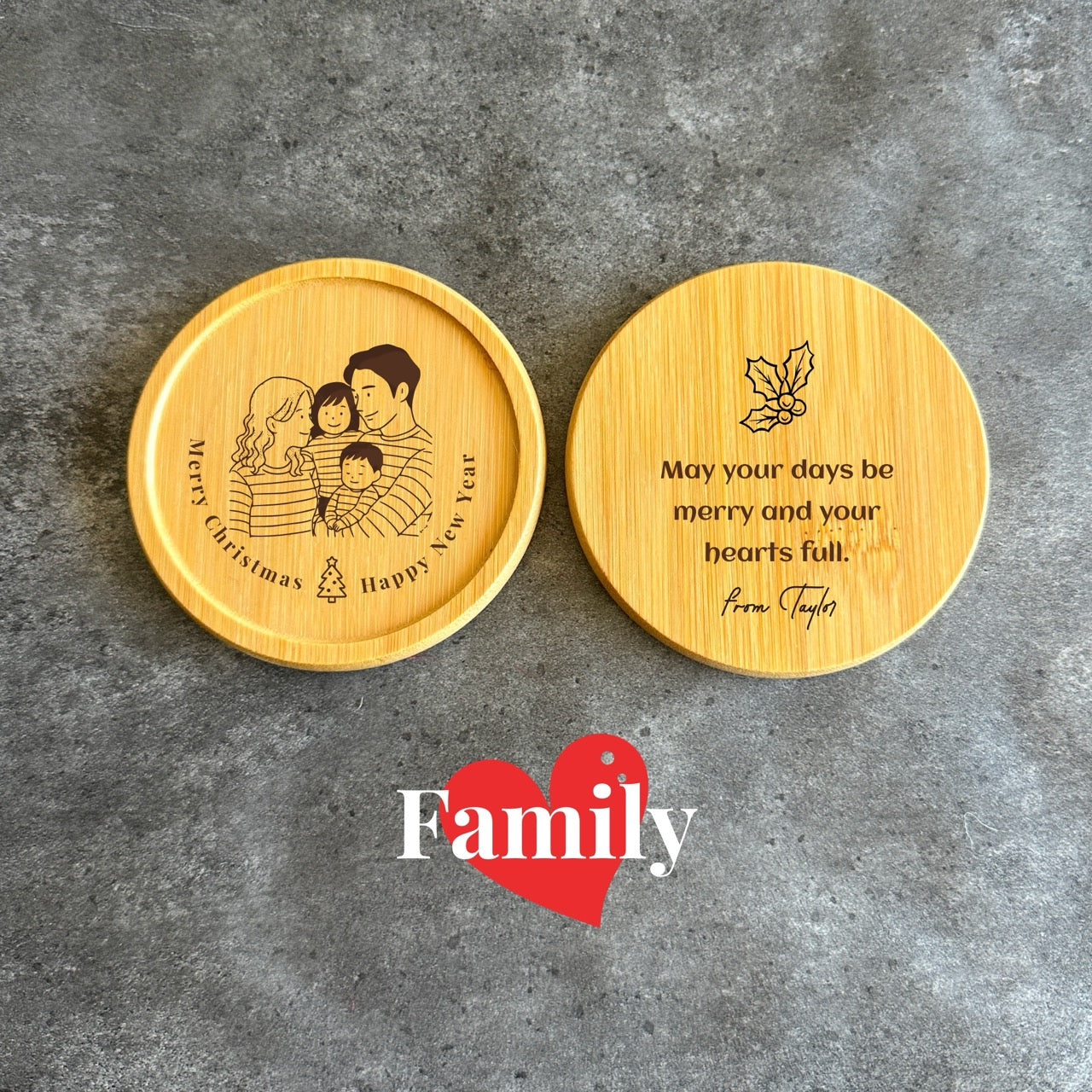 custom family drink coasters with festive engraving