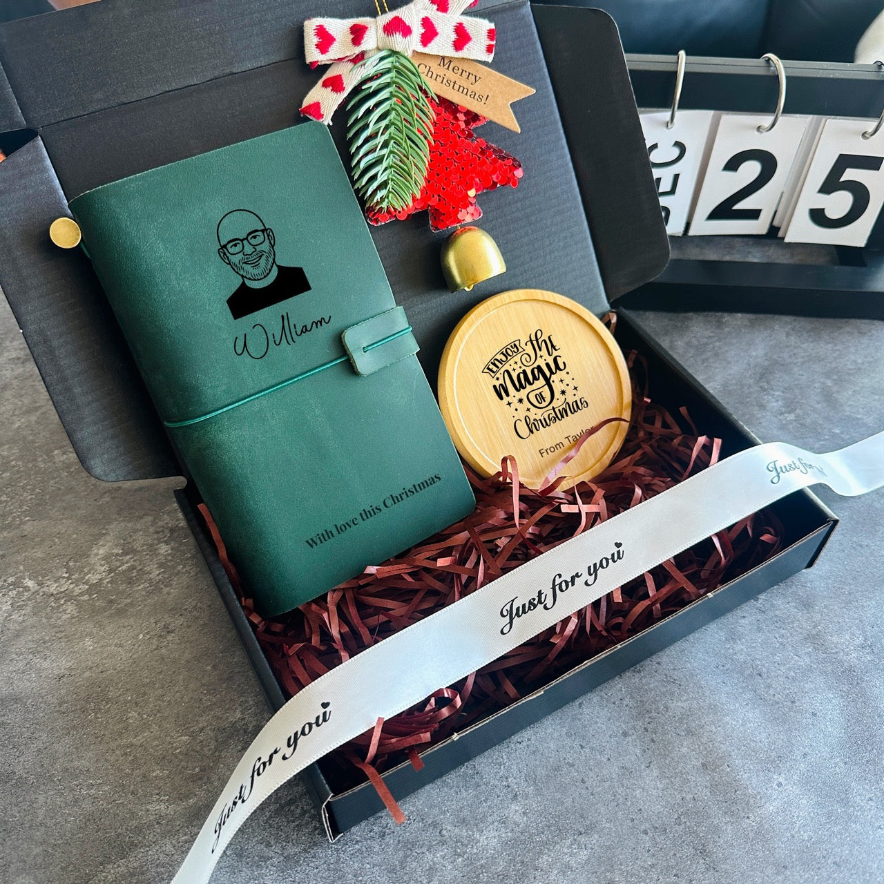 Personalised Christmas gift box with leather journal, coaster, and ornament
