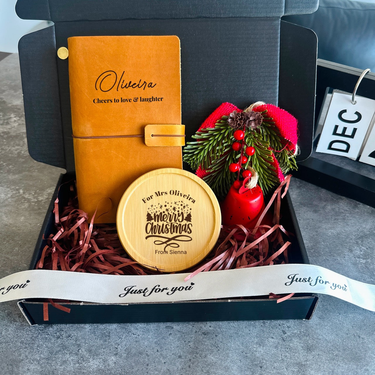 Handmade leather Christmas gift set beautifully packed with ribbon and tag