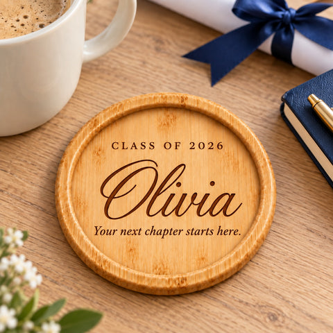 Wooden graduation coaster engraved with a name, class year and an encouraging quote.