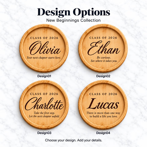 New Beginnings graduation text designs 01–04 with Class of 2026, personalised journal names and encouraging quotes.