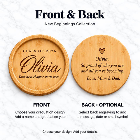Back of a wooden coaster engraved with a personal graduation message.