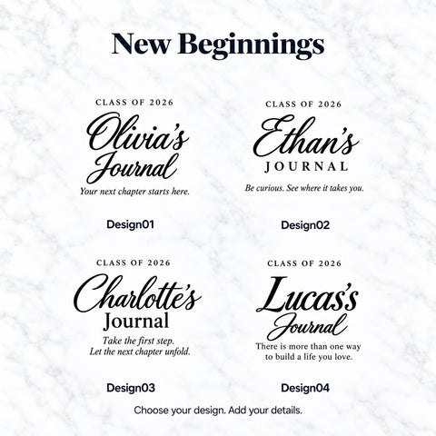 Four journal lettering designs with sample names Olivia, Ethan, Charlotte and Lucas, Class of 2026 headings and inspirational quotes.