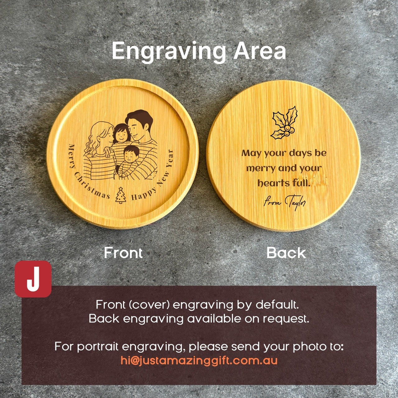 Personalised Wood Family Coaster Set – Custom Engraved Coasters for Members | Family Christmas Gift &amp; Home Decor