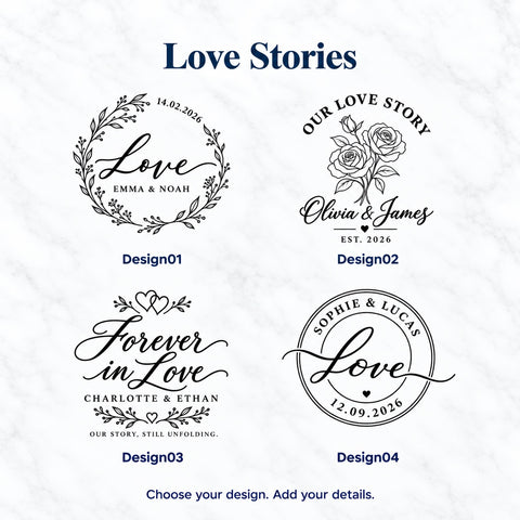Four Love Stories engraving designs for couples, featuring a leafy wreath, roses, intertwined hearts and a circular name-and-date layout.