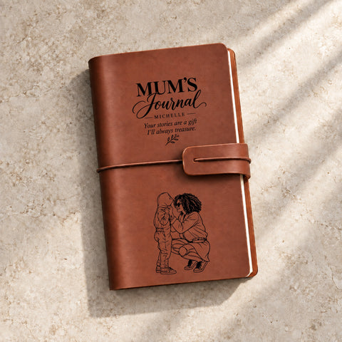 Refillable leather journal with Mum’s Journal design 01, featuring Elizabeth, a filled heart and Your love is part of who I am.