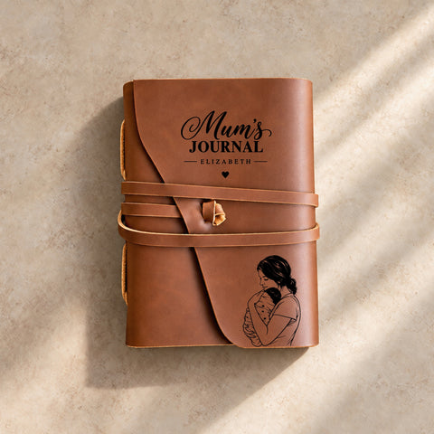Personalised leather wrap journal for Mum with a name, loving message and solid heart engraving.