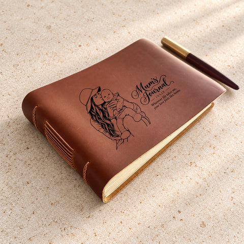 Personalised landscape leather journal for Mum with a name, loving message and solid heart engraving.
