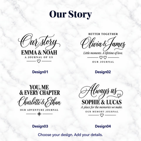 Four Our Story text designs with sample couple names, romantic quotes, heart details and an adventure journal layout.