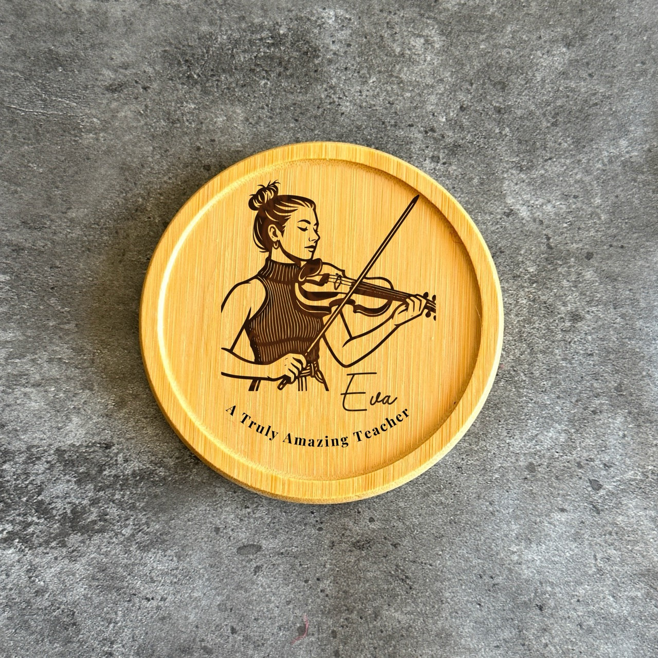 Engraved bamboo coaster with custom violin teacher portrait
