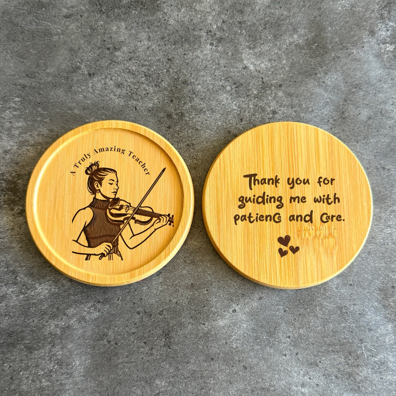 Engraved ornament and coaster set for violin or drum teacher