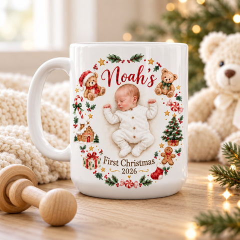 Baby’s First Christmas Photo Mug – Personalised Name & Year