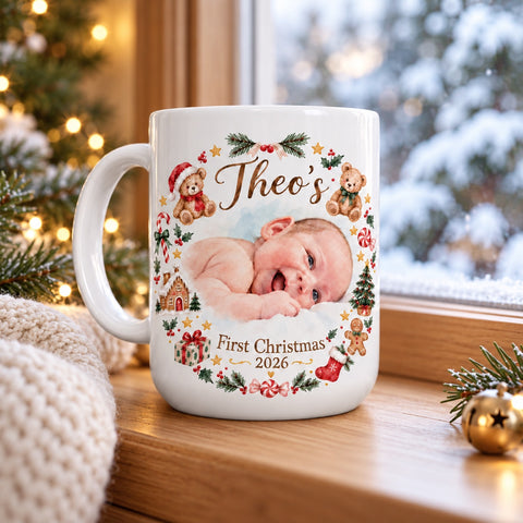 Baby’s First Christmas Photo Mug – Personalised Name & Year