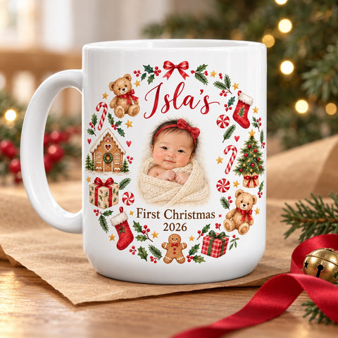 Baby’s First Christmas Photo Mug – Personalised Name & Year