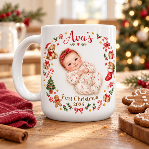 Baby’s First Christmas Photo Mug – Personalised Name & Year