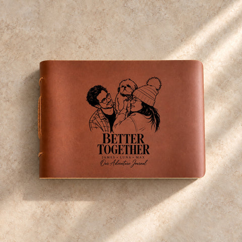 Landscape leather notebook engraved with a portrait of people and pets and personalised names.