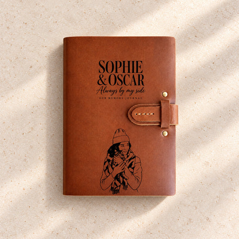 Thick leather journal with an engraved people and pets portrait and custom wording.