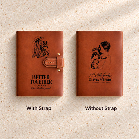 Thick leather journals shown with and without a leather strap closure.