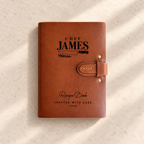 Thick leather recipe book with an engraved Cooking & Chef cover design