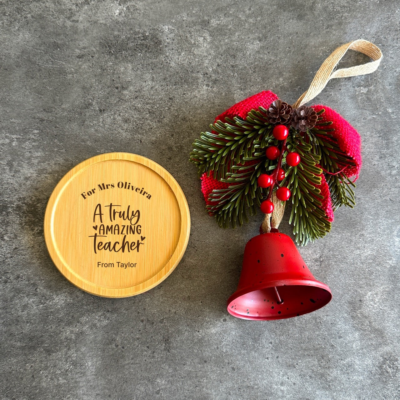 Personalised teacher gift box with engraved coaster and ornament