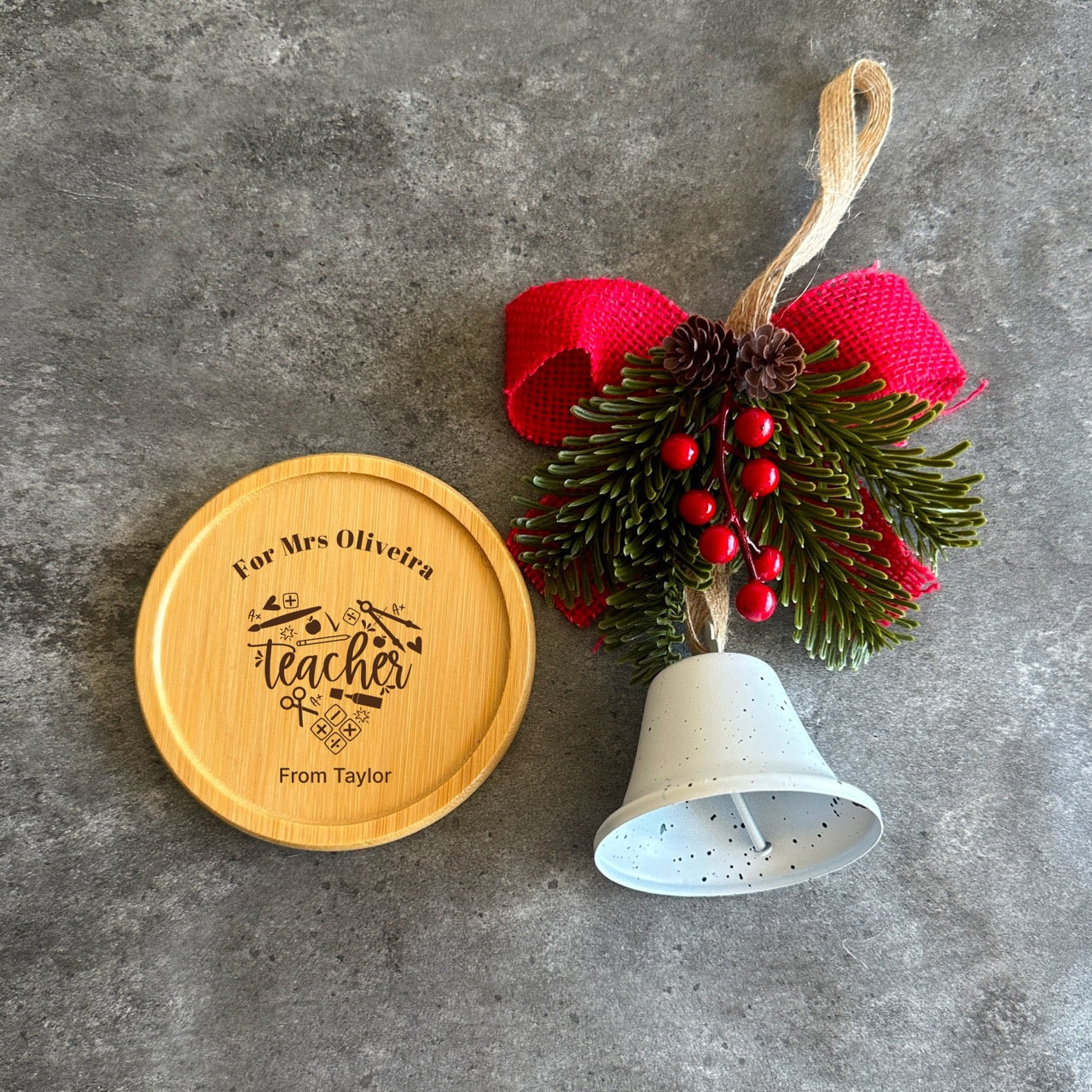 Wooden teacher coaster with thank-you engraving