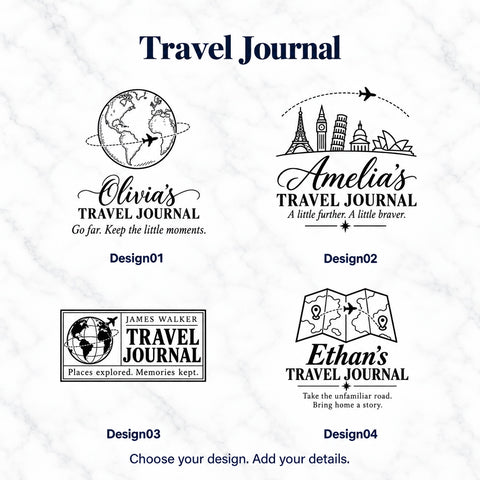 Four Travel Journal engraving designs featuring globes, aeroplanes, an international landmark skyline and a folded map, with sample names and quotes.