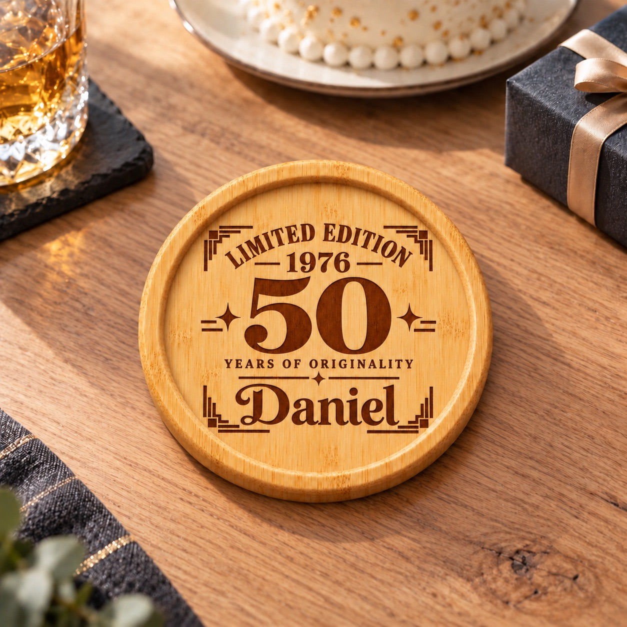 Personalised 50th Birthday Coaster – Engraved Bamboo Keepsake