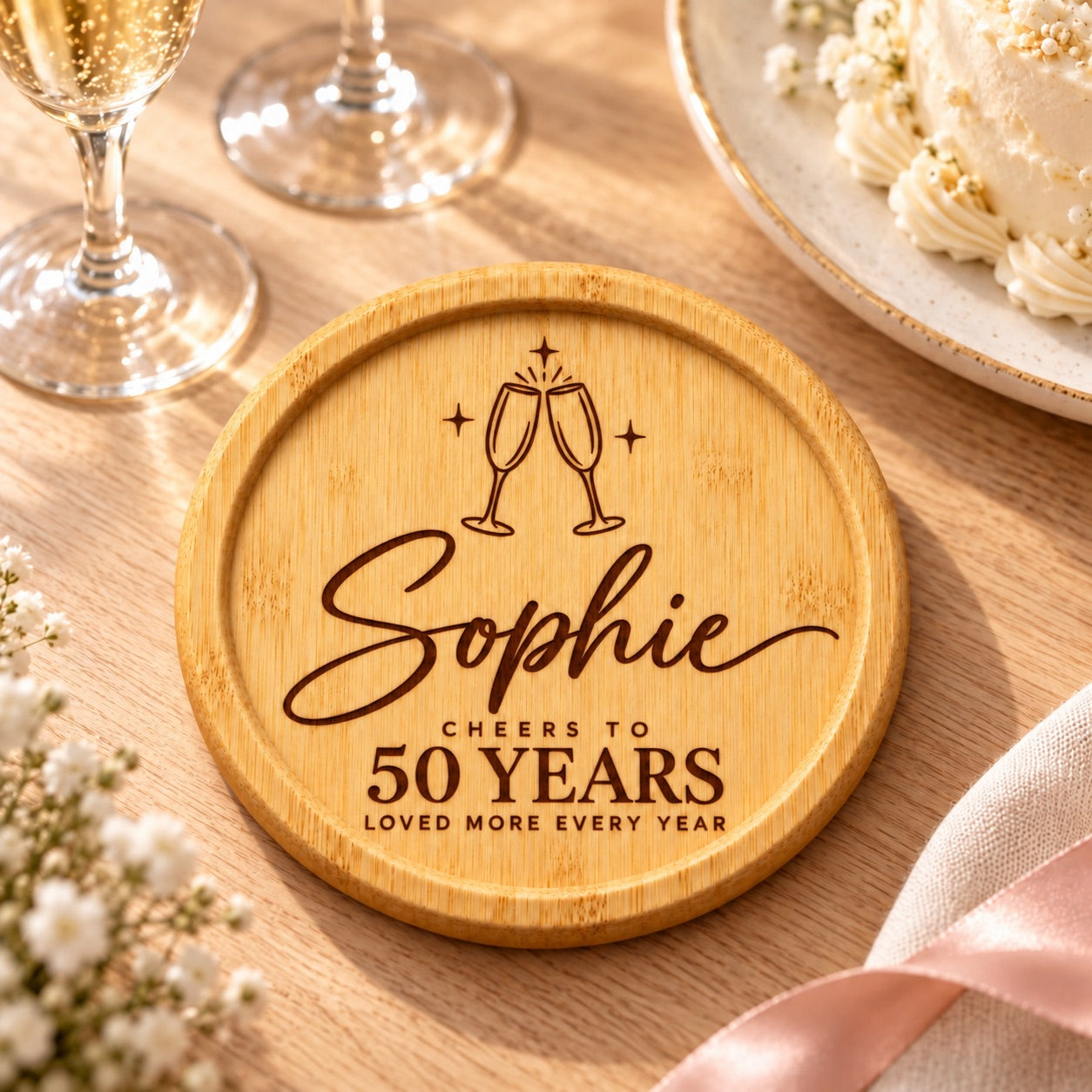 Personalised 50th Birthday Coaster – Engraved Bamboo Keepsake