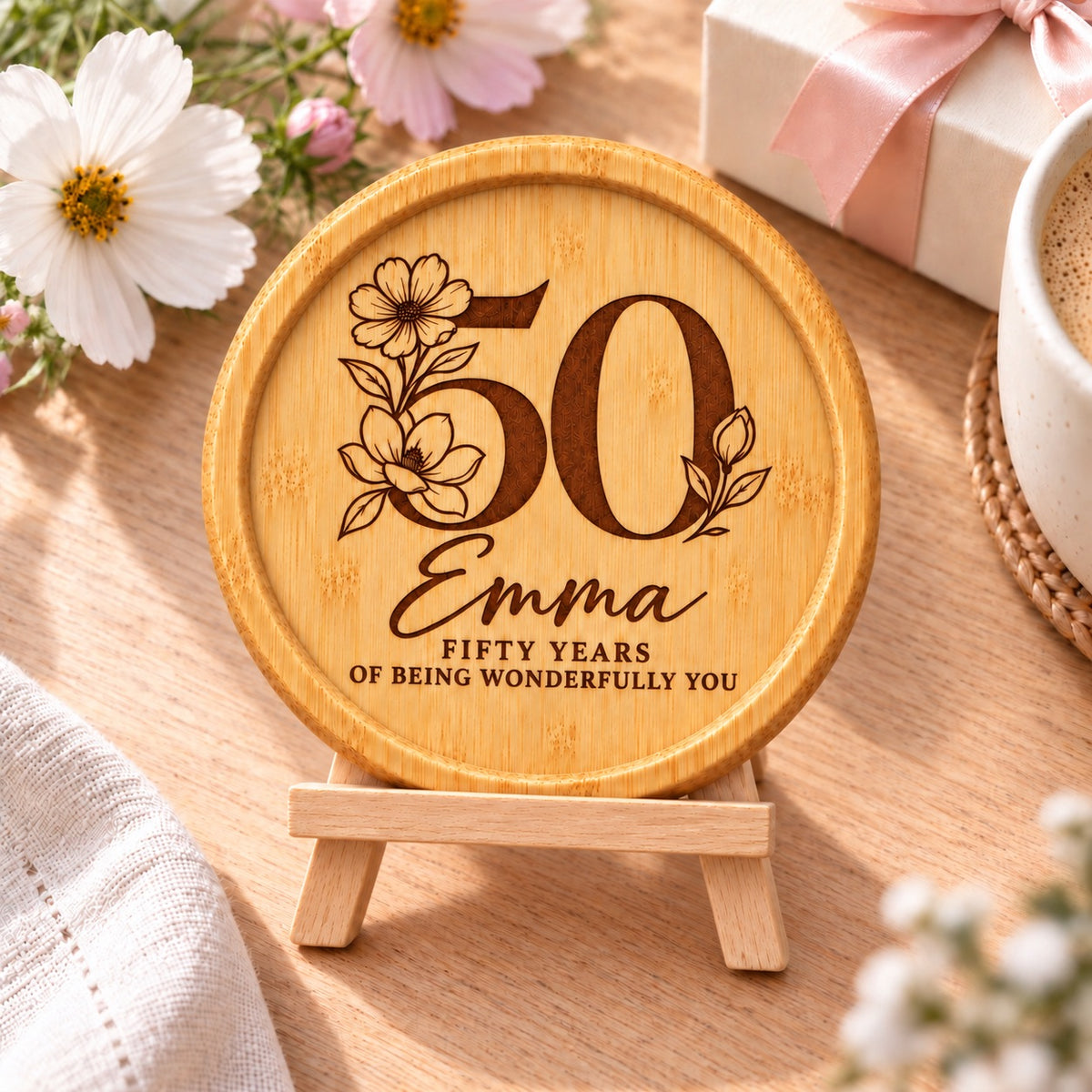 Personalised 50th Birthday Coaster – Engraved Bamboo Keepsake