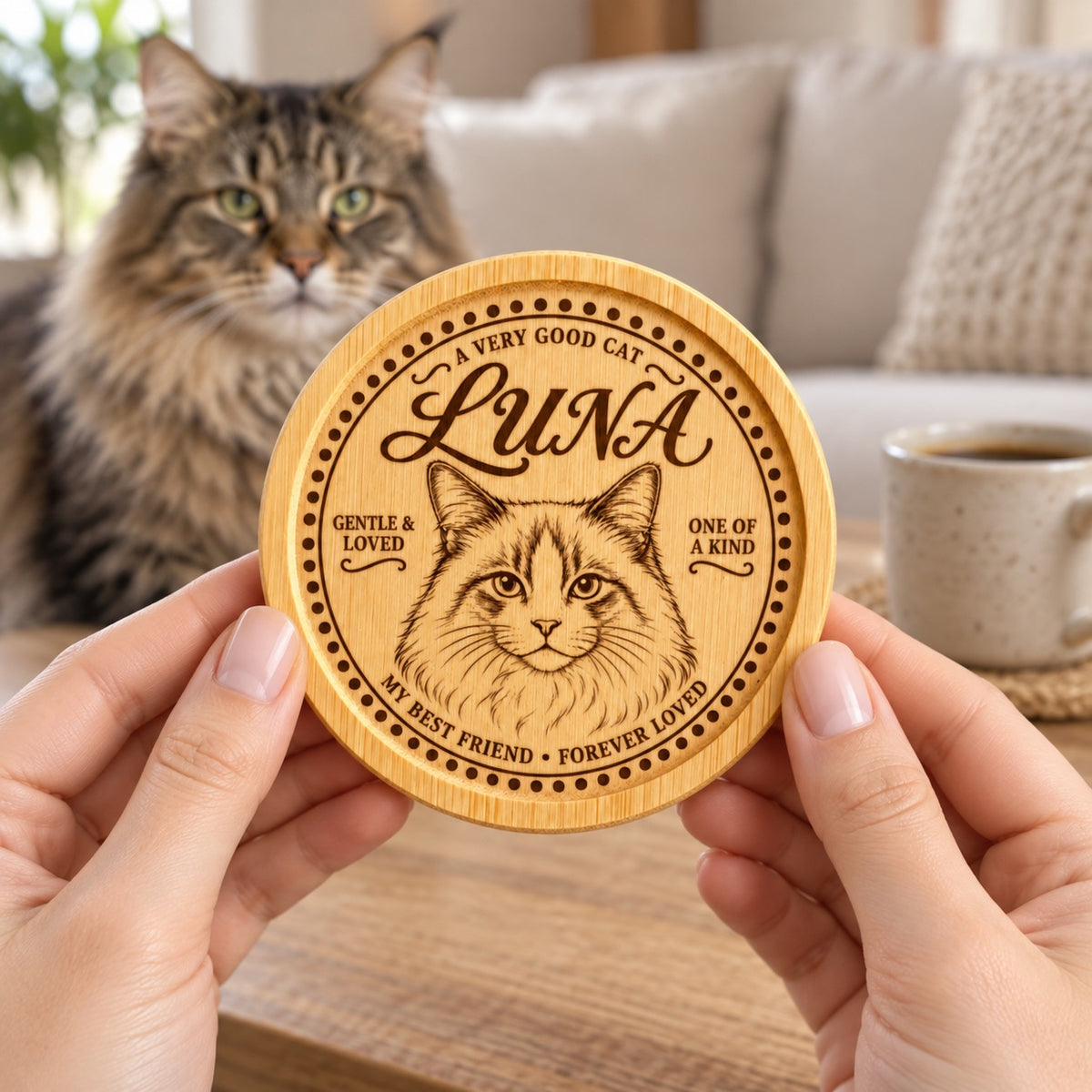 Personalised cat coaster with custom portrait and cat name