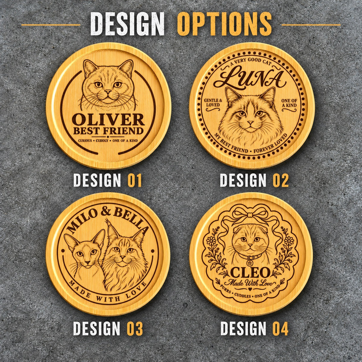 Four personalised cat coaster design options
