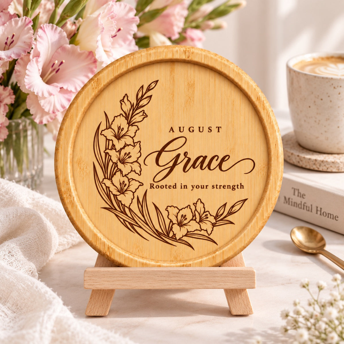 August birth flower bamboo coaster featuring a personalised name and message on an optional wooden stand