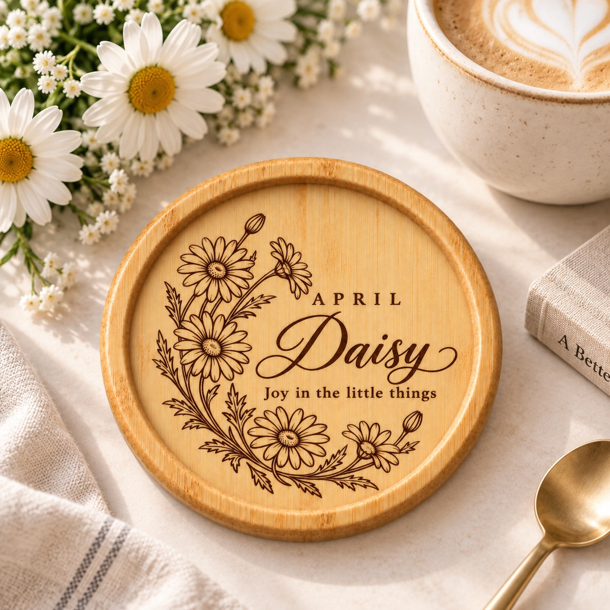 April birth month flower coaster with floral engraving and a custom name