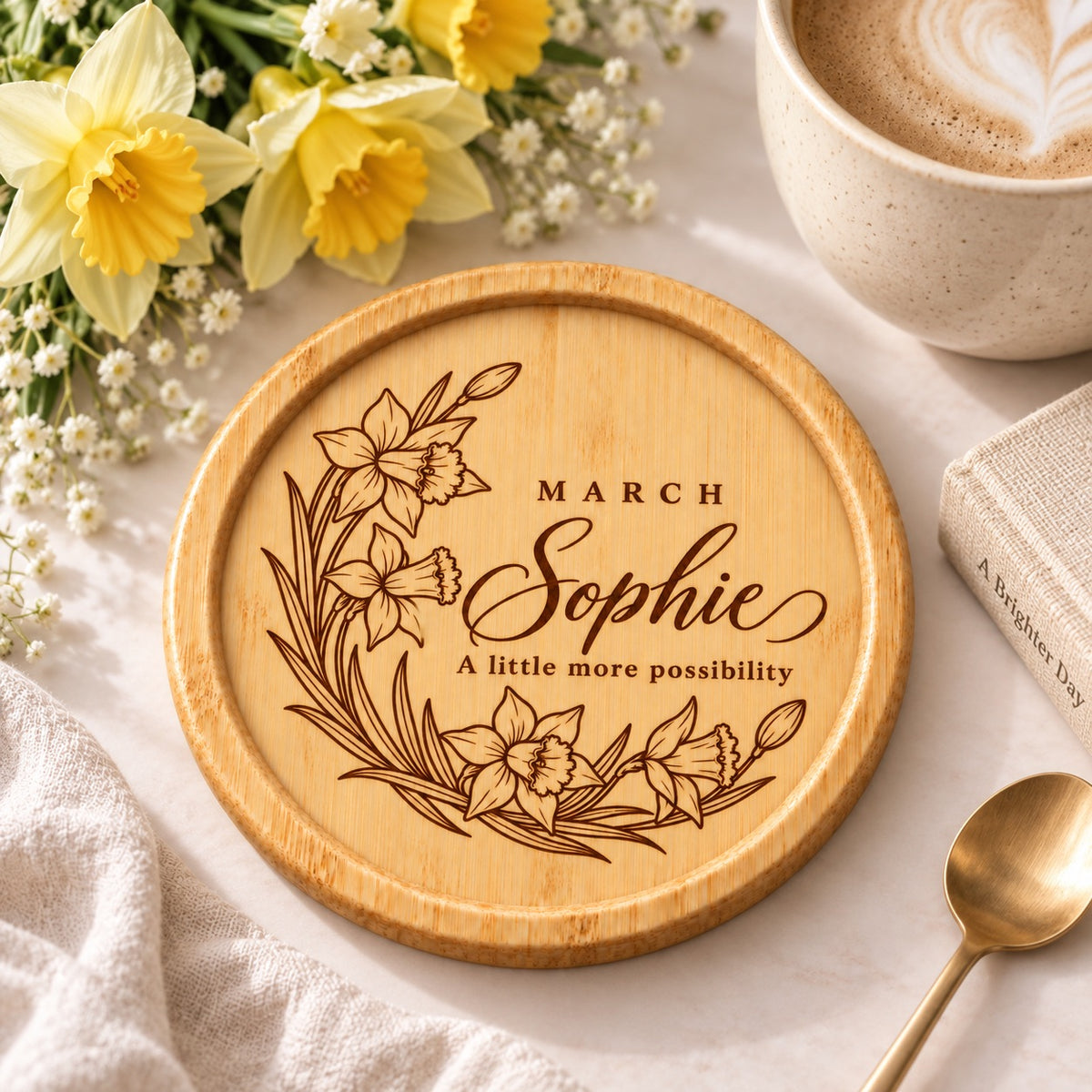 Personalised March birth flower coaster with a name and engraved botanical design