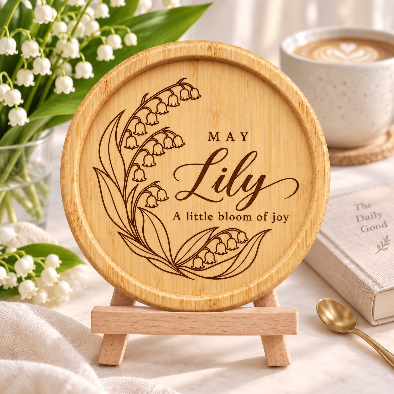 Bamboo May birth flower coaster personalised with a name and short message on an optional wooden stand