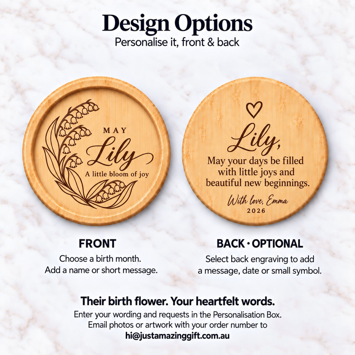 May birth flower bamboo coaster personalised with Lily and an optional message engraved on the back