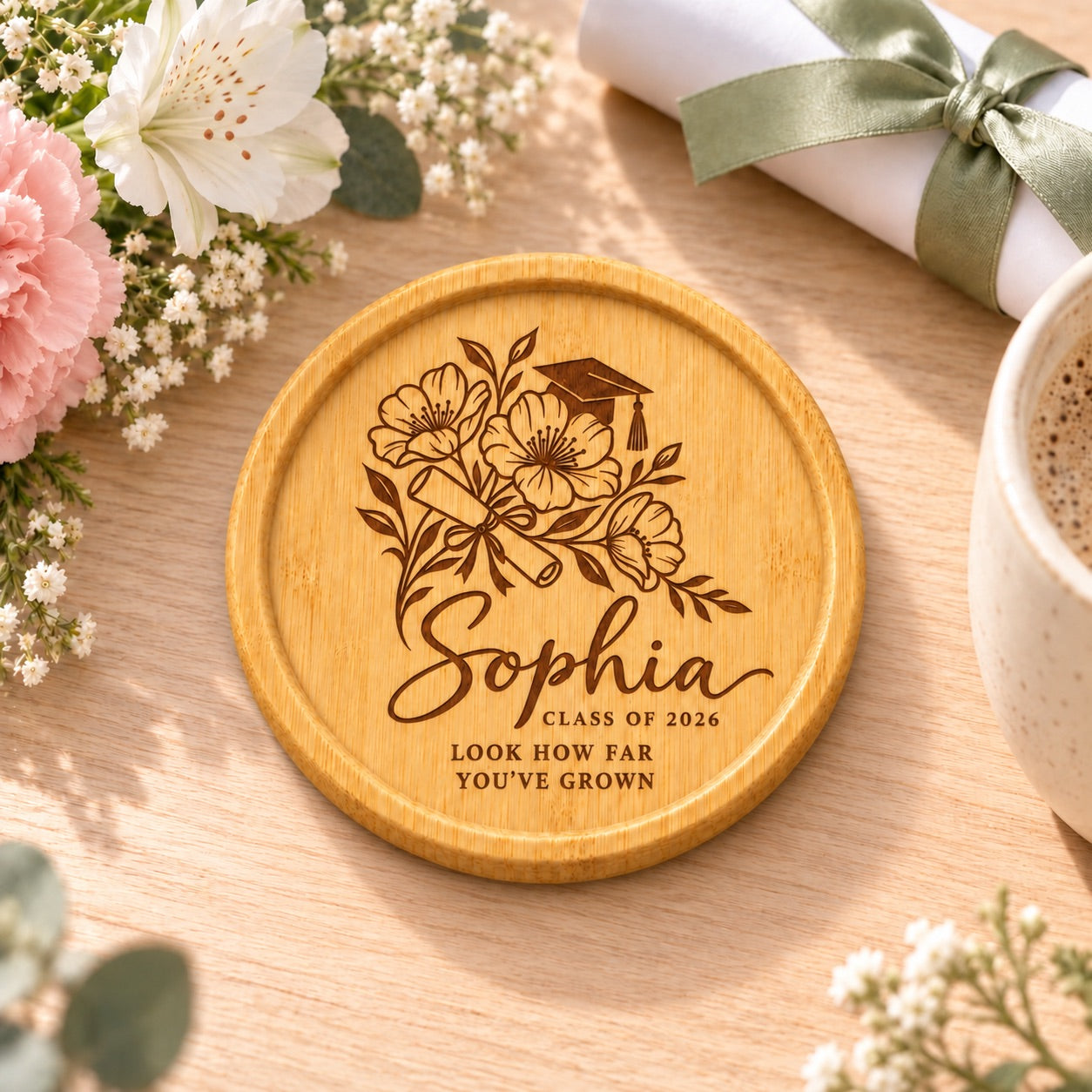 Floral graduation coaster with a personalised name, graduation cap and Look How Far You’ve Grown message