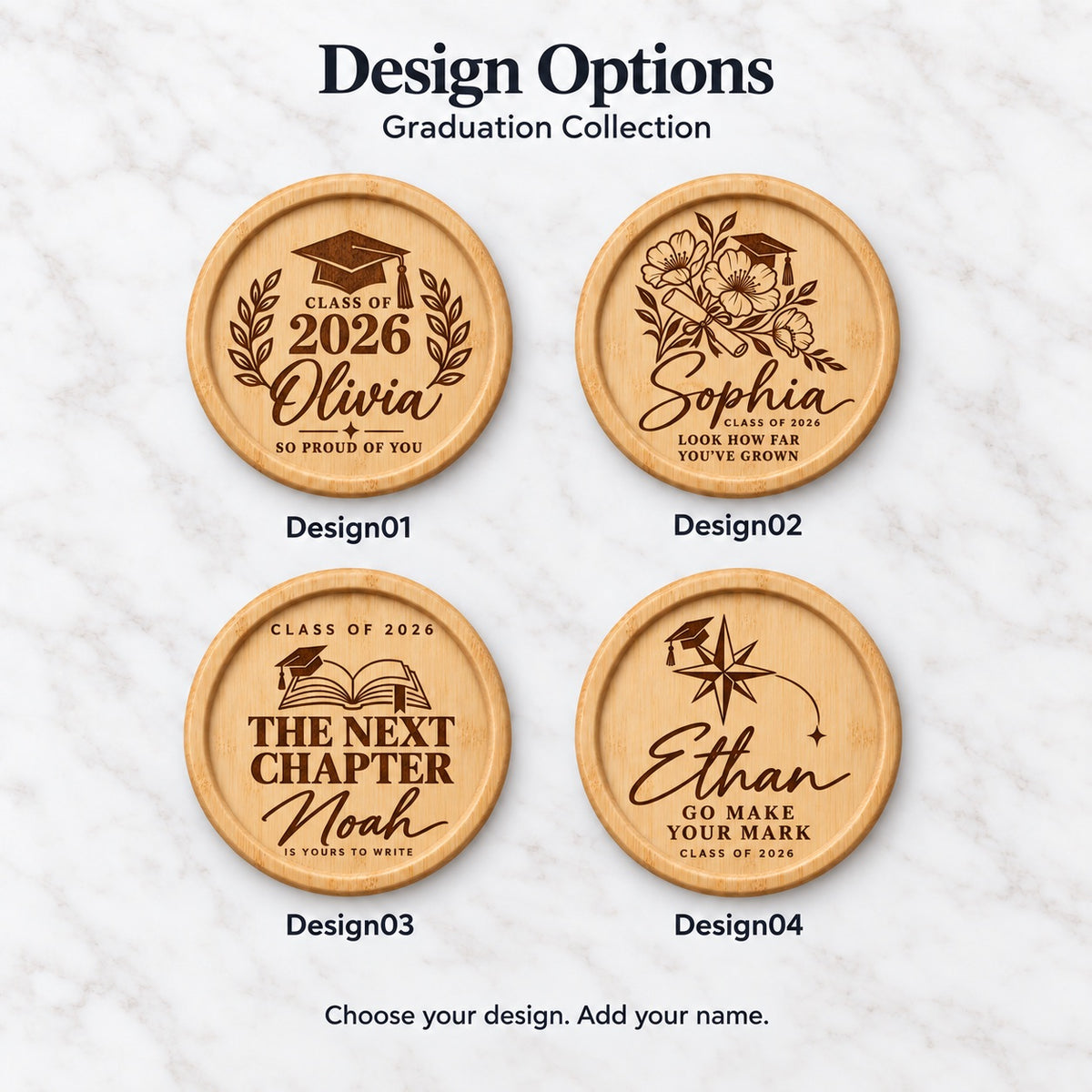 Four engraved bamboo graduation coaster designs with personalised names, featuring laurel, floral, open-book and compass artwork