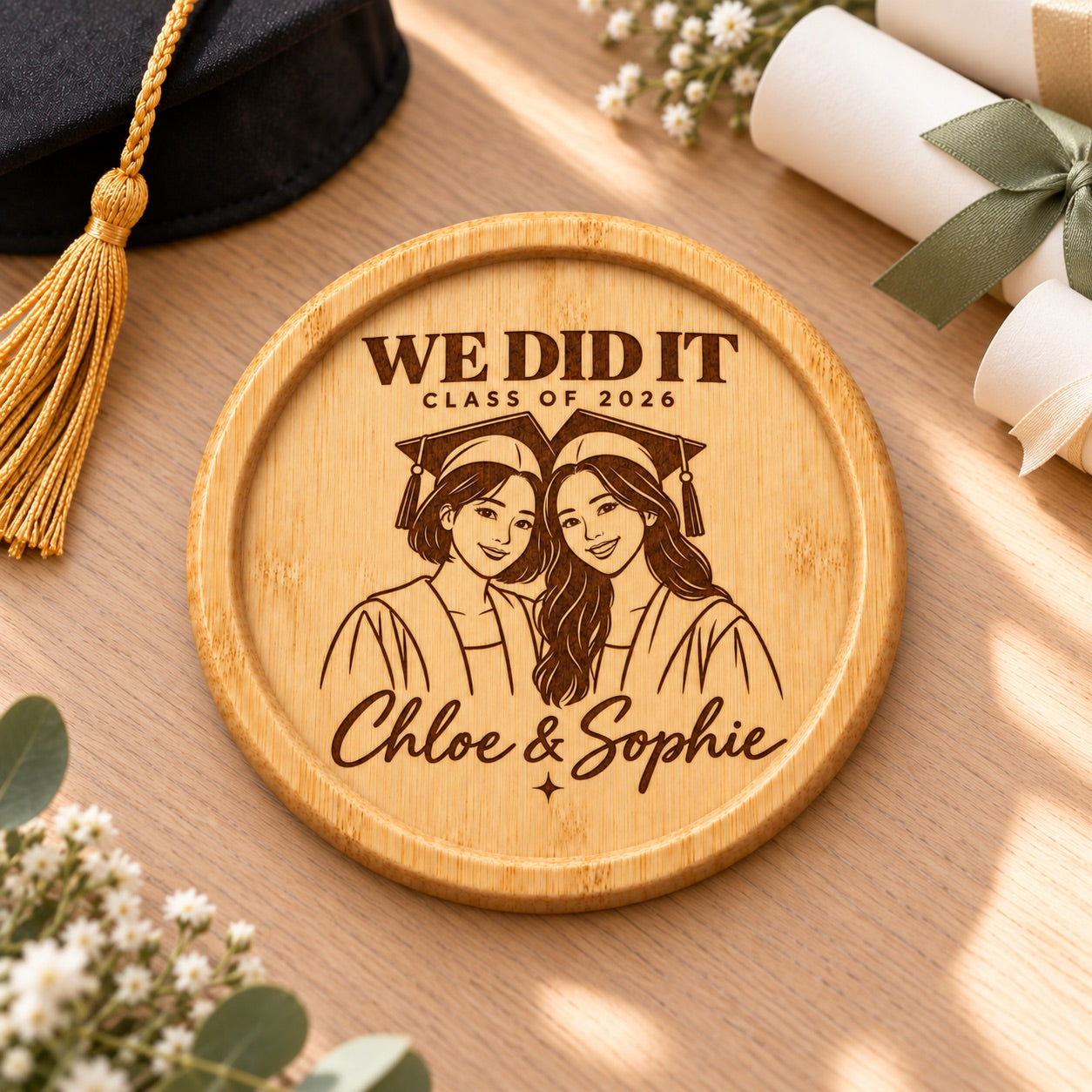 Bamboo graduation coaster featuring two graduate portraits, personalised names and We Did It wording