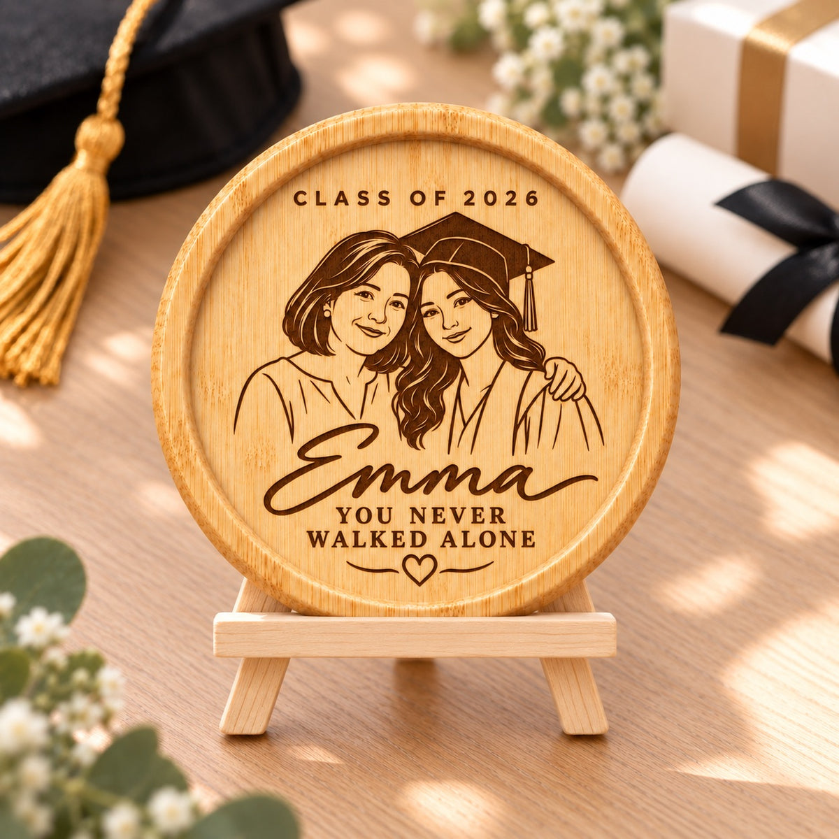 Personalised graduation keepsake coaster showing a graduate with a loved one and You Never Walked Alone message