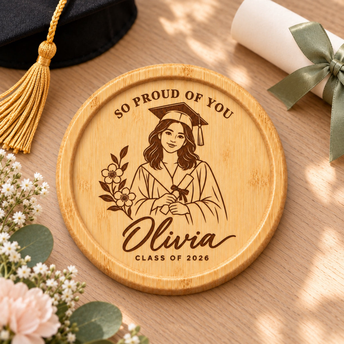 Personalised bamboo graduation coaster with a graduate portrait, floral detail and So Proud of You wording