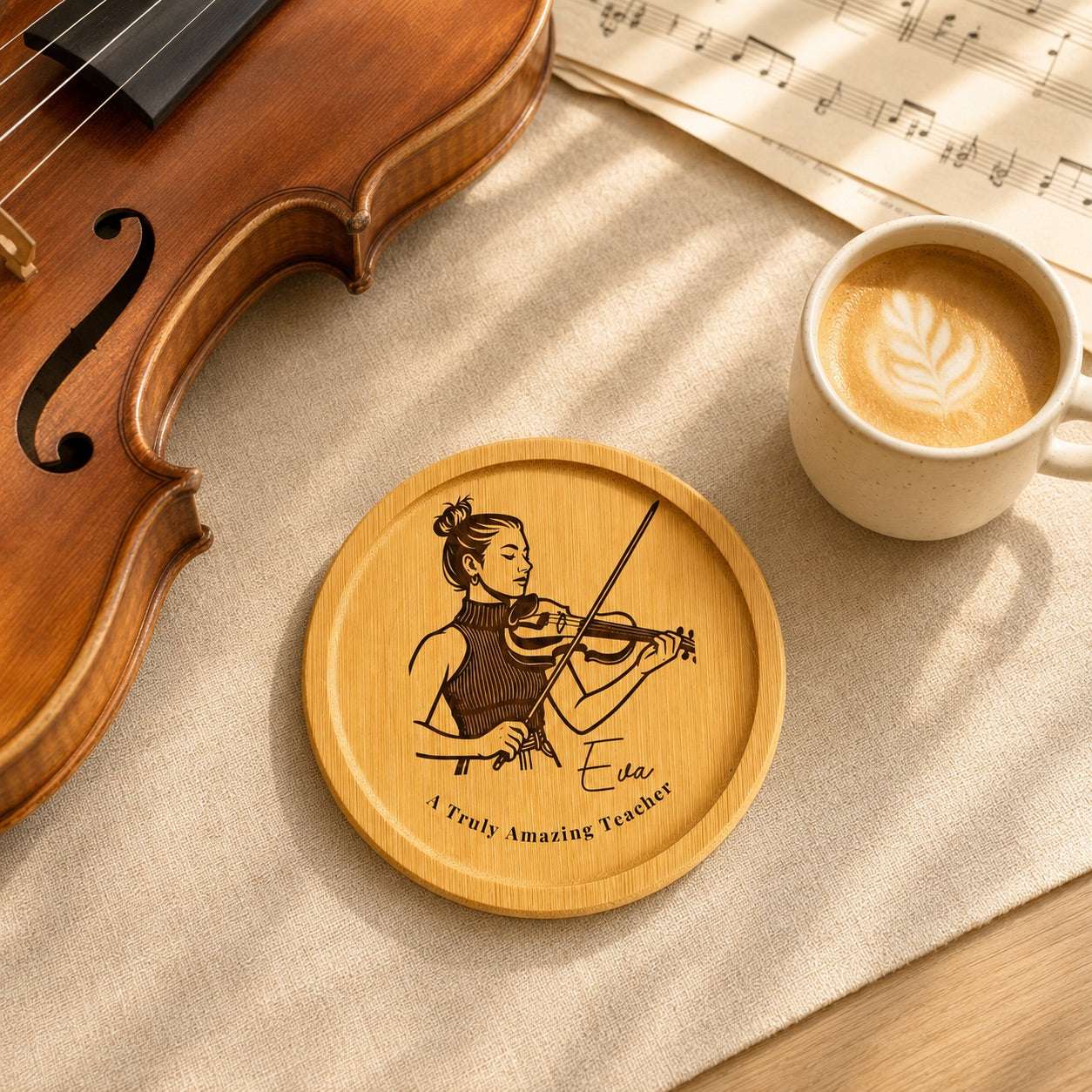 Personalised bamboo coaster engraved with a violinist portrait, name and teacher thank-you message, beside a violin and coffee