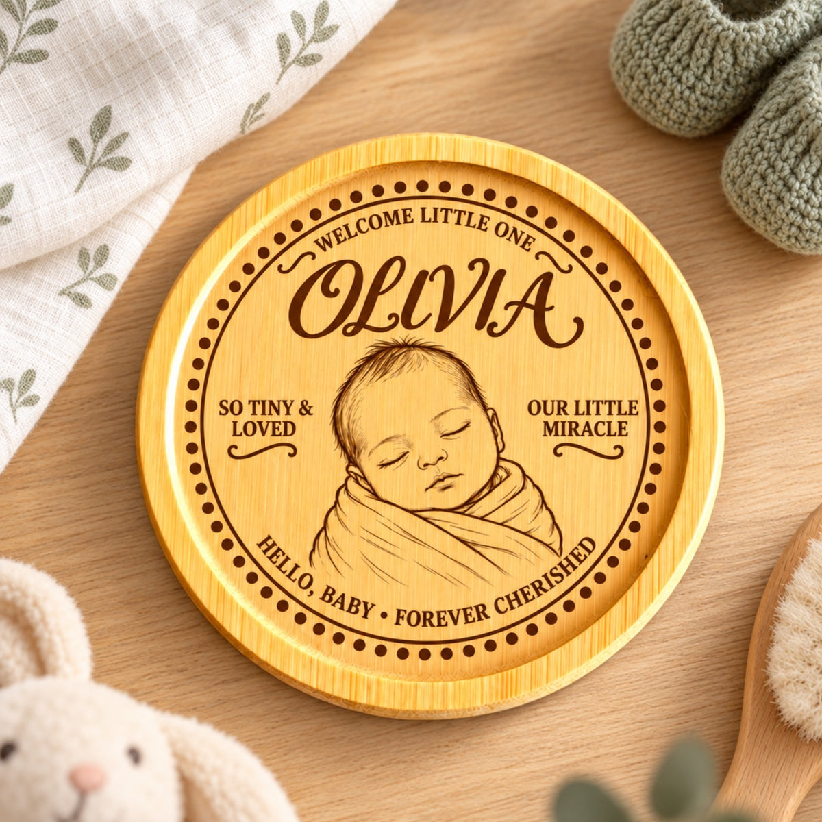 Newborn announcement disc with baby name and birth date
