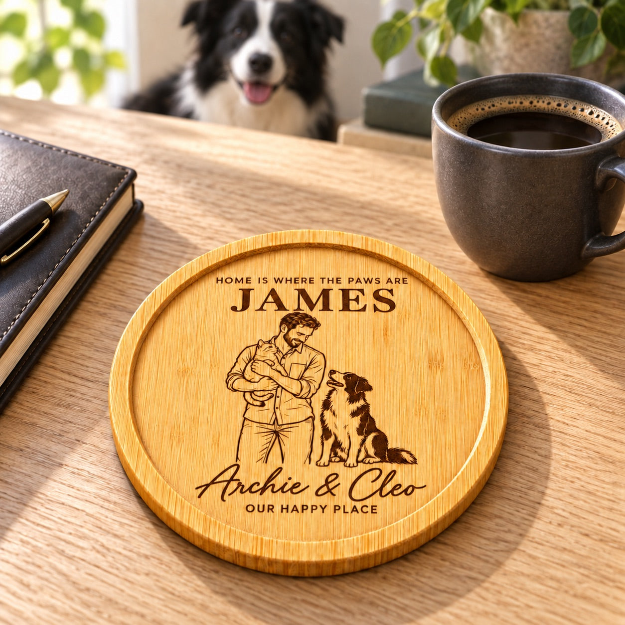 Personalised pet and owner portrait plaque displayed on a wooden stand