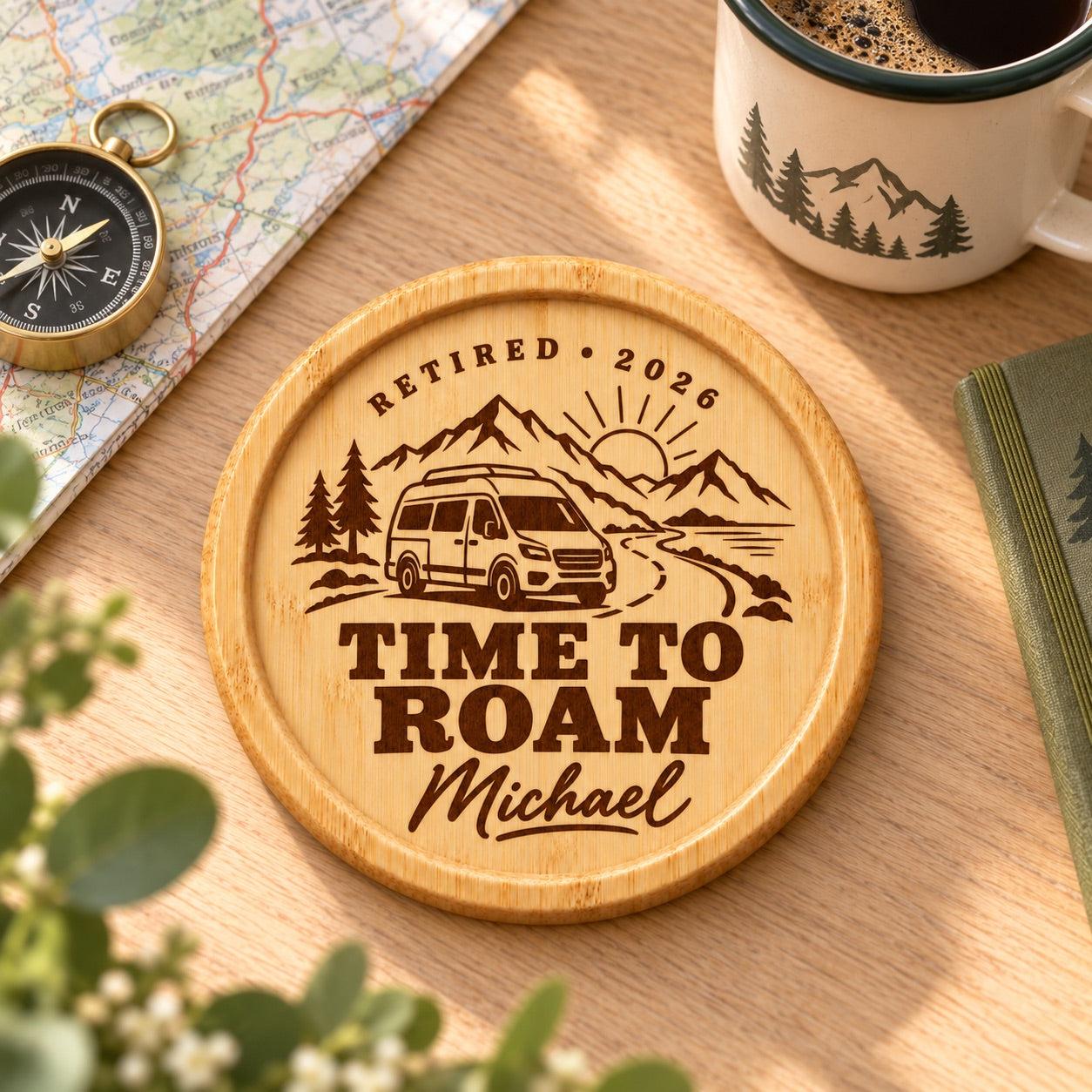 Personalised retirement coaster with a campervan and mountain scene, Time to Roam, Michael and 2026